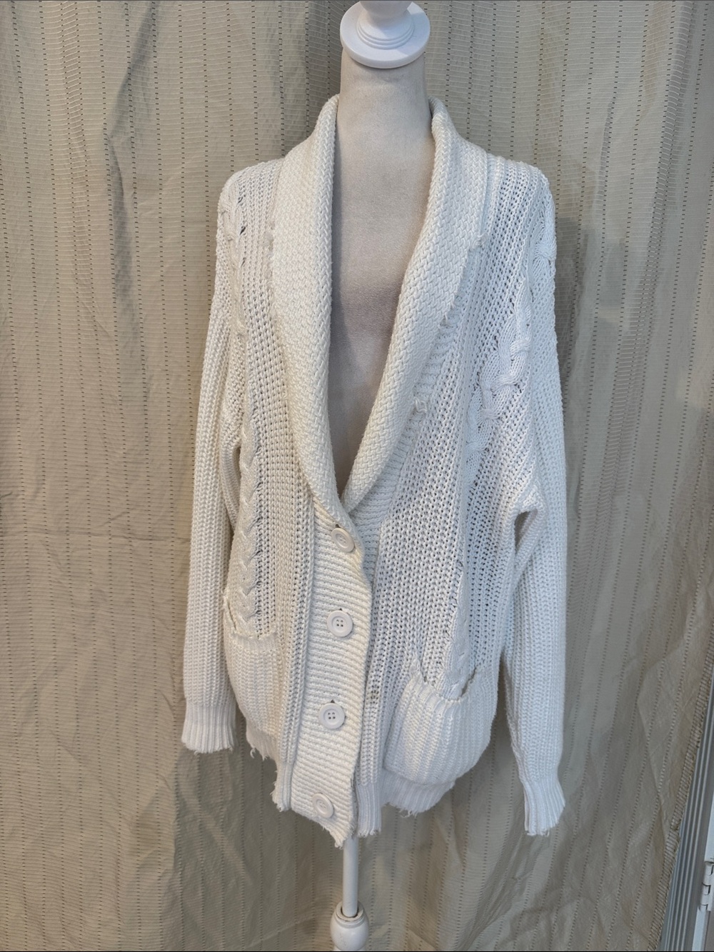 RTA White Cotton cable knit Distressed hem shawl neck Cardigan